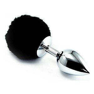Plug Anal em Metal com Rabo de Coelho PomPom Cor Preto - GRANDE - AP-091