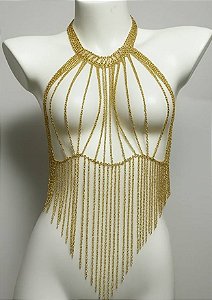 Frente Unica em fios de Strass com Franjas - Dourado -