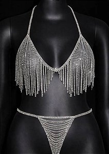 Conjunto com Top e Calcinha de Strass Joia de Corpo - Bodychain - Prata -