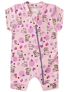 Macaquinho Gatinha Coração - Rosa - Suedine 100% Algodão - Bebê Menina