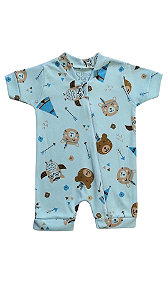 Macaquinho Urso Índio - Azul - Suedine 100% Algodão - Bebê Menino