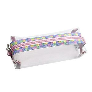Estojo Baú Cristal Estampa Quadriculada Rosa Pastel  Fizz