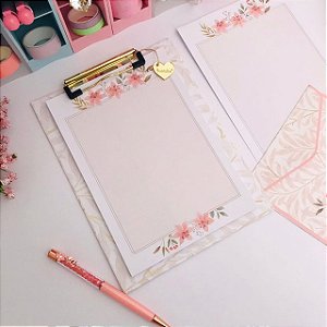 Prancheta Estampada A5 + 30 Folhas Decoradas Floral Elegante Buendia