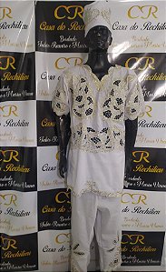 conjunto Masculino Rechilieu Branco  e fio dourado 3 peças