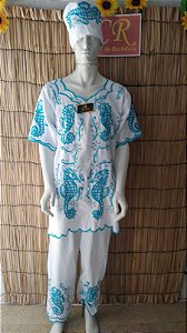 conjunto Masculino  ponto cheio azul e fio prata 3 peças simbolo cavalo Marinho
