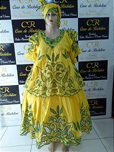 Baiana Rechilieu  tecido Amarelo   bordado  verde e fio dourado   6 peças