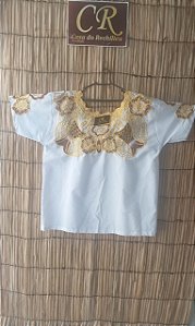 camisu ponto cheio Amarelo e fio dourado com pintura Marrom  e simbolo peixe