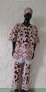 Conjunto Masculino Rechilieu  Vermelho e fio Dourado branco 3 peças