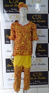 Conjunto Masculino ponto cheio amarelo e vermelho  e fio dourado 3 peças