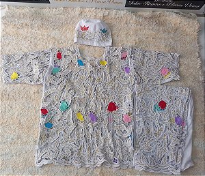 Conjunto Masculino bordado branco e colorido com fio prata 3 peças