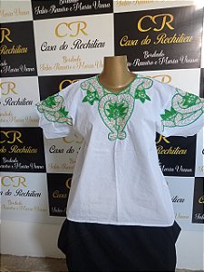 camisu bordado verde com pintura e fio dourado