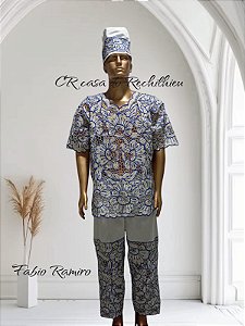 Conjunto Masculino bordado azul com fio dourado 3 peças