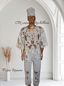Conjunto Masculino bordado branco com fio dourado 3 peças