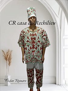 Conjunto Masculino bordado verde e vermelho com fio dourado 3 peças