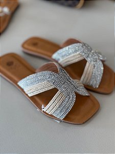 Rasteira Prata strass couro