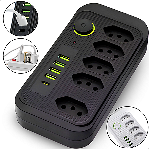 Extensão 5 Tomadas E 4 Usb 1 Pd Led Bivolt Power 110v/220v