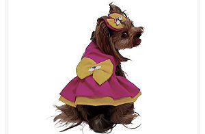 Vestido para Cães Arco Iris Rosa com Amarelo Laço Amarelo com Figura de Nuvens Branca e Arco Iris - Gaby Moda Pet