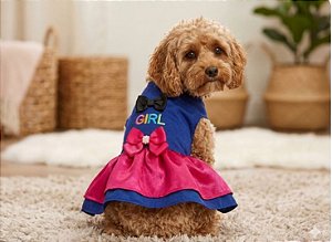 Vestido para Cães Girls Azul Royal com Rosa e Letras Bordadas -Gaby Moda Pet