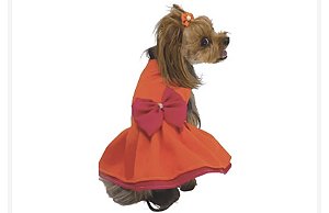 Vestido para Cães Pet Lolla Laranja com Rosa e Laço Rosa com Pedrarias - Gaby Moda Pet