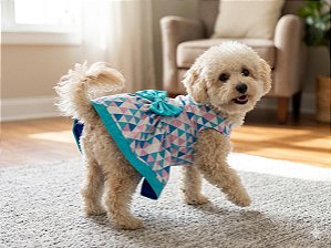 Vestido para Cães Sofi Cor Azul com Triângulos Multi Colors Laço Azul com Pedrarias Coloridas - Gaby Moda Pet