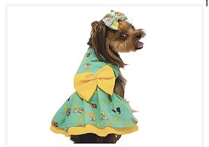 Vestido para  Cães Verde Doguinho com Laço Amarelo com Pérola - Gaby Moda Pet