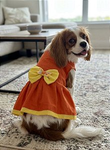 Vestido para Cães Laranja Neon com Laço Amarelo com Borboletas - Gaby Moda Pet