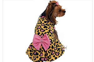 Vestido Soft para Cães Inverno Animal Print Amarelo com Rosa e Laço Rosa -Gaby Moda Pet