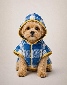 Roupa para Cães Inverno Blusão Soft Xadrez Azul e Nude com Detalhe Punho Amarelo com Capuz