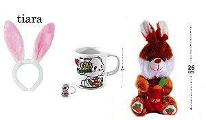 Kit Feliz Pascoa Coelho De Pelúcia Caneca De Porcelana 100ml e Tiara De Pelúcia