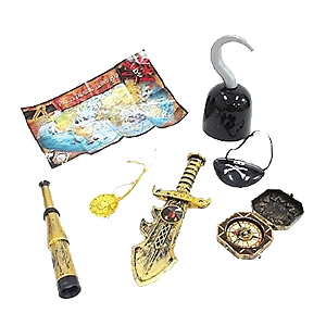 Kit Pirata Mapa Gancho Faca Tapa Olho Luneta Colar Búsula