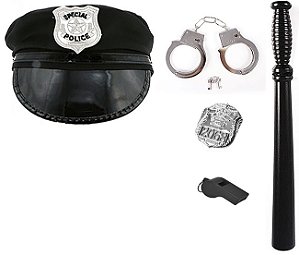 Kit Policia Quepe Algema Cassetete Distintivo Apito Fantasia