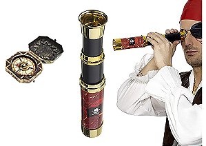 Luneta Monoculo e Bussola Pirata Cosplay Fantasia Brinquedo