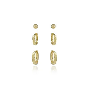 Trio De Brincos De Argolas Articuladas Texturizadas (10mm/12mm/14mm) • Banhado a Ouro 18k
