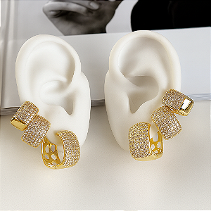 Trio Argolas Luxo Cravejadas • Banhada a ouro 18k