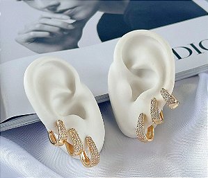 Trio Argola Cravejada Zircônias • Banhado a Ouro 18k