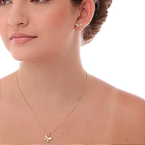 Conjunto de Borboleta Cravejada Detalhada • Banhada a Ouro 18k