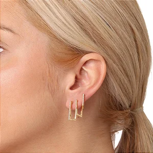 Trio Quadrado Cravejado Cristal 14mm/17mm/21mm • Banhado a Ouro 18k