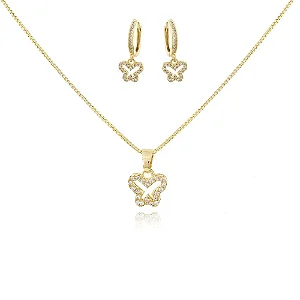 Conjunto Mini Borboleta Cravejada • Banhado a Ouro 18k