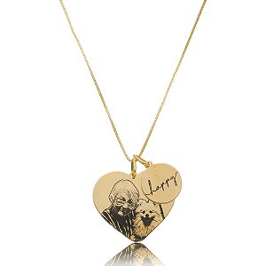 Colar Pingente Coração + Medalha Fotogravação Personalizado • Banhado a Ouro 18k