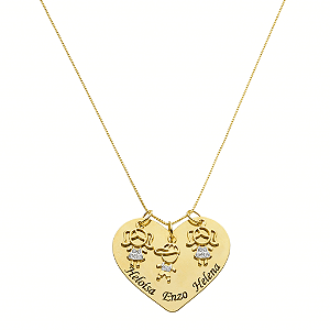 Colar Pingente Coração 3 Bonecos (as) Personalizado com nomes • Banhado a Ouro ou prata