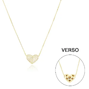 Colar Com Pingente De Coração Cravejado Cristal (40cm+5cm) • Banhado a Ouro 18k