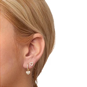 Brinco Duplo Argolinha e Coração Vazado Cristal • Banhado a Ouro 18k
