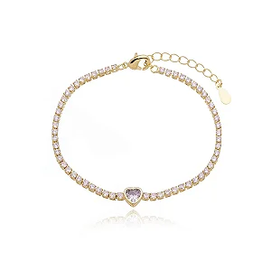 Pulseira Riviera Delicada com Coração Central Cristal • Banhado a Ouro
