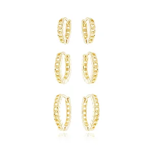 Trio De Brincos De Argola Articulada Detalhada (8,5mm/1,05cm/1,25cm) • Banhado a Ouro 18k
