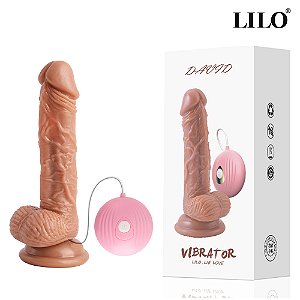 Pênis realistico com 10 modos de vibração, com escroto e ventosa, veias saltadas e glande saliente - LILO