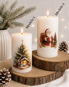 Vela cilindro com decoupage de Natal. 14cm altura