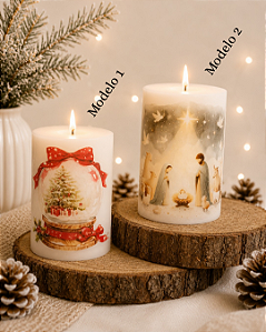 Vela cilindro com decoupage de Natal - 11cm altura