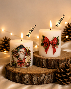 Vela cilindro com decoupage de Natal - 8cm altura