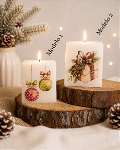 Vela quadrada com decoupage de Natal - 8cm de altura