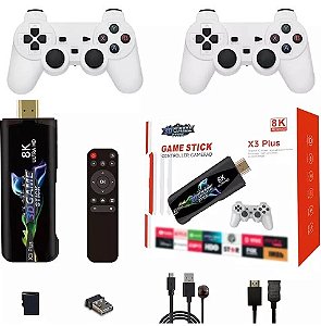 Game Stick Tv Box Android, 8K, Ultra HD, com 2 controles sem fio e 10.000 jogos.